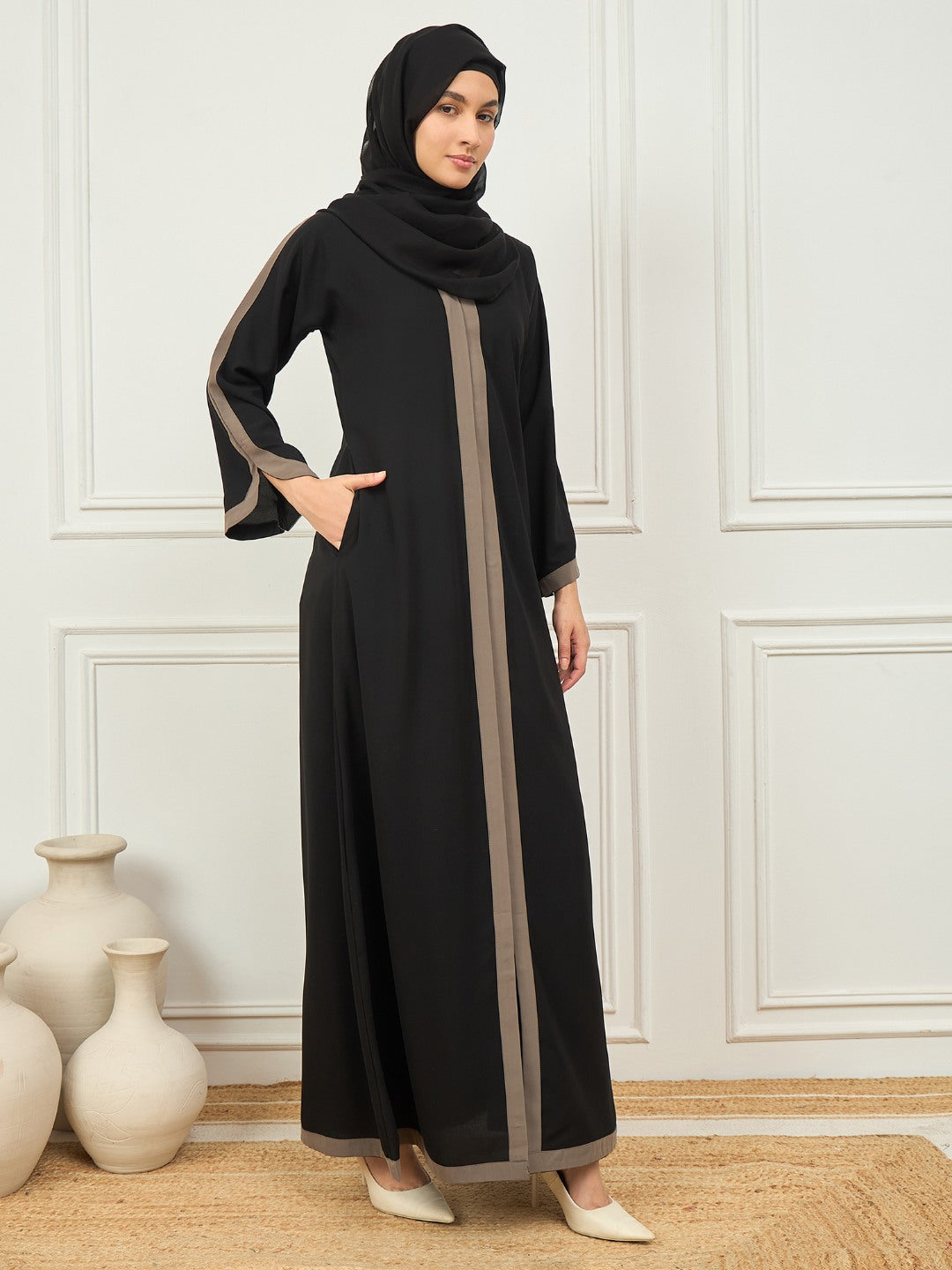 Nabia Black and Grey Aline Abaya with Black Georgette Hijab