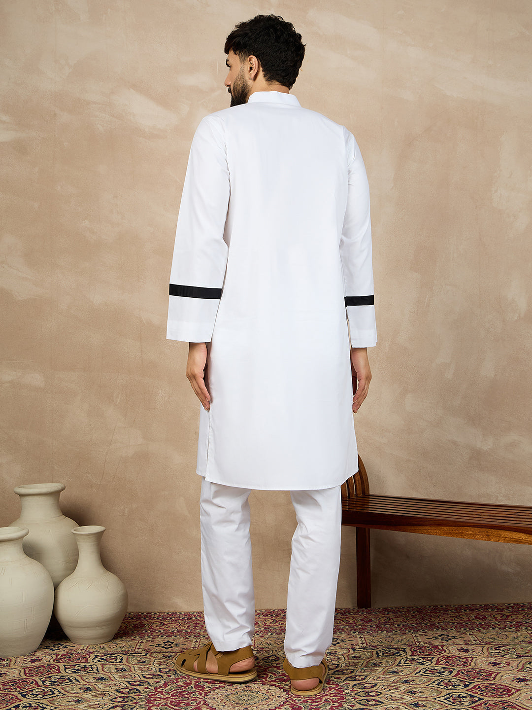Nabia White Cotton Kurta Pajama Set For Men