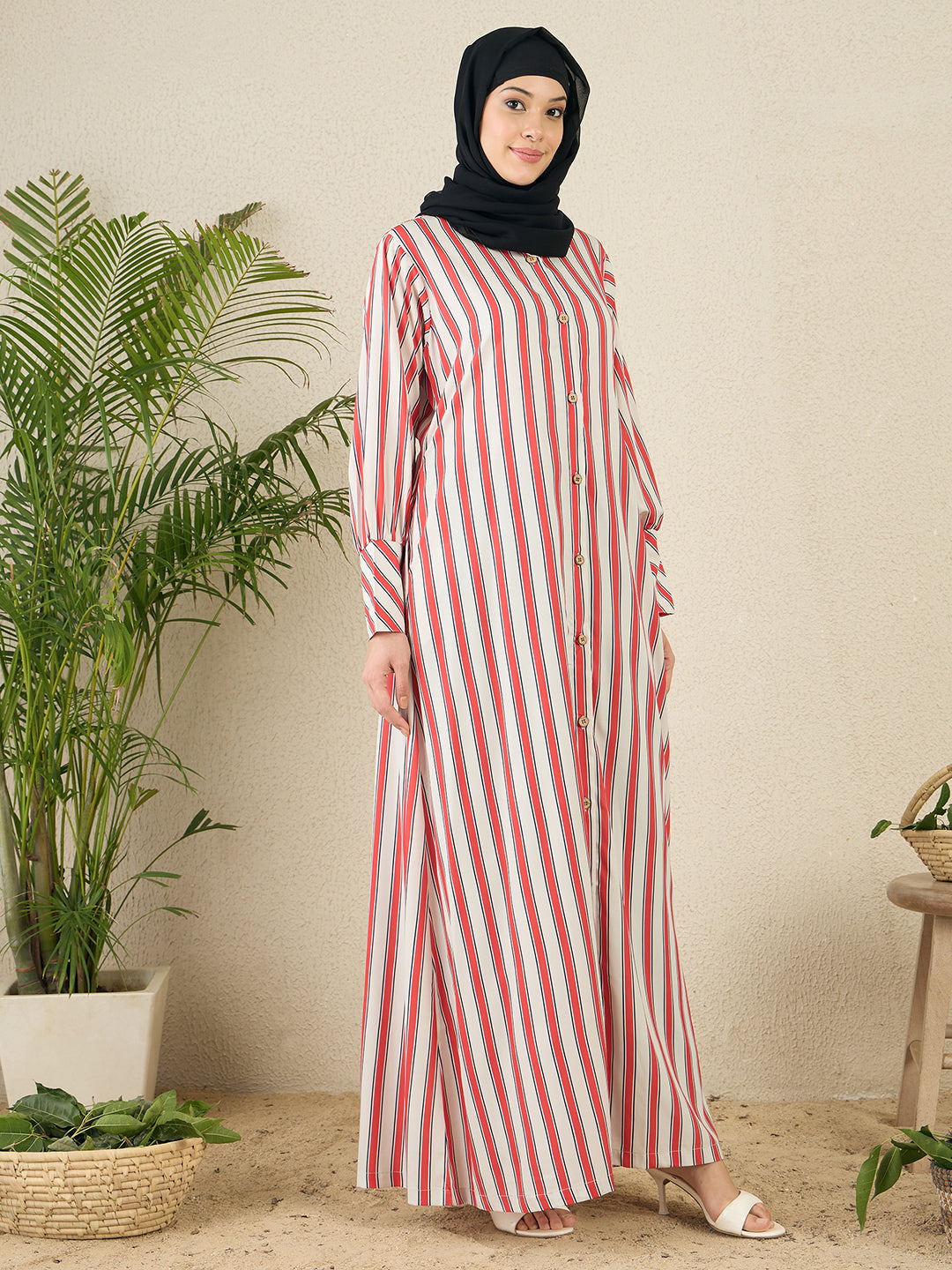 Front Open Striped Printed Abaya with Black Georgette Scarf