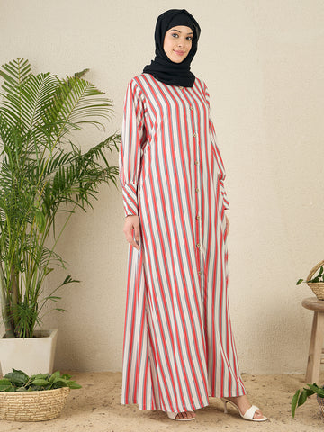 Front Open Striped Printed Abaya with Black Georgette Scarf