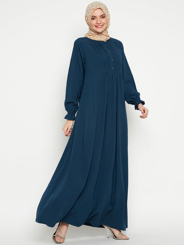Nabia Women Teal Solid A-line Abaya Burqa With Black Georgette Scarf