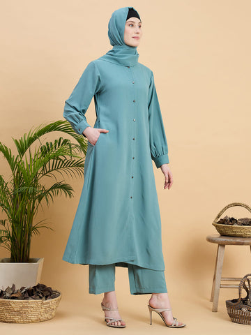 Green Front Open Co-ord Set for Women with Matching Hijab