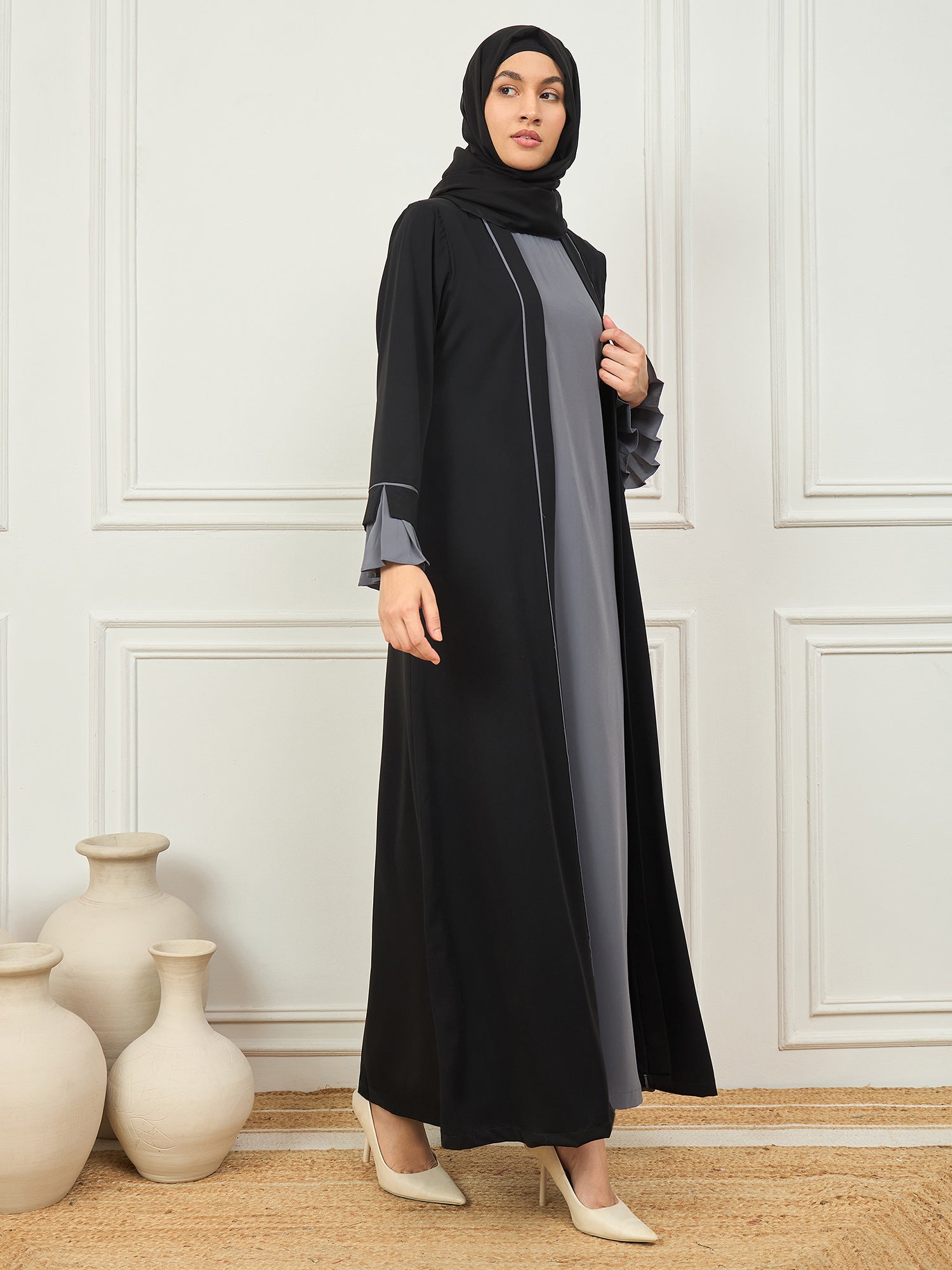 2 Piece Black and Grey Piping Detailing Shrug Set Abaya with Black Hijab for Women