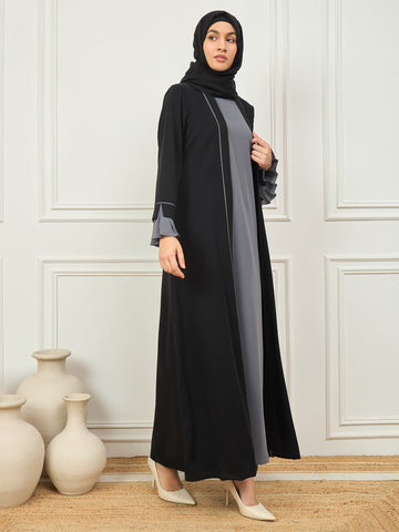 2 Piece Black and Grey Piping Detailing Shrug Set Abaya with Black Hijab for Women
