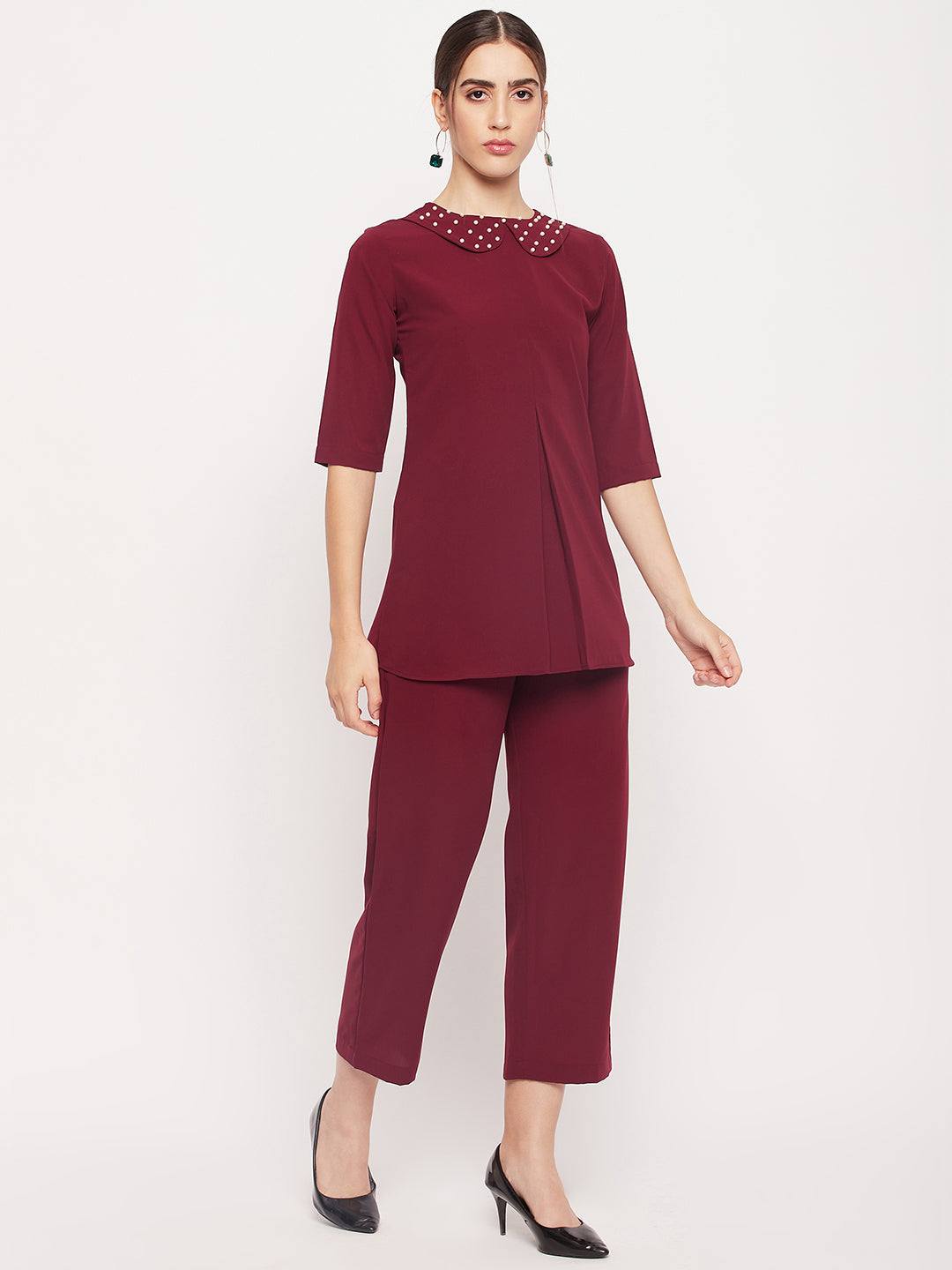 Nabia Women Maroon Solid Co-Ord Set