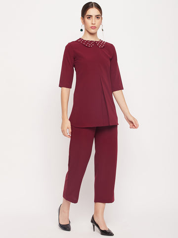 Nabia Women Maroon Solid Co-Ord Set