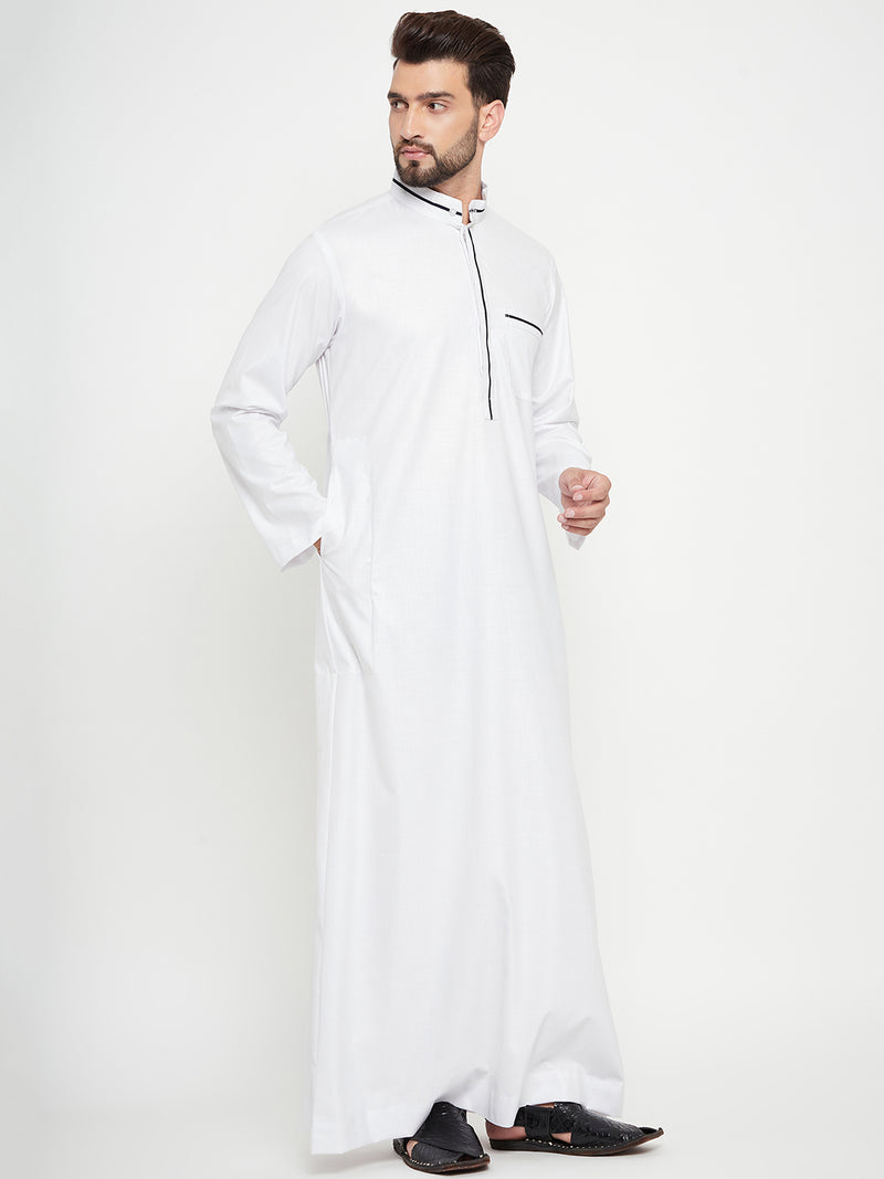 Nabia White Solid Mens Band Collar Thobe / Jubba with Blue Piping Design