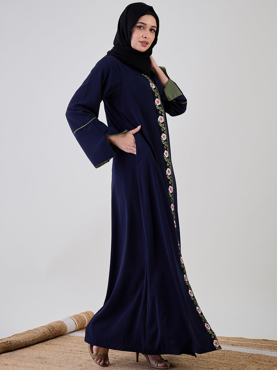Nabia Women Front Open Embroidery Detailing Blue Abaya Burqa With Black Georgette Hijab