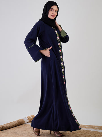 Nabia Women Front Open Embroidery Detailing Blue Abaya Burqa With Black Georgette Hijab