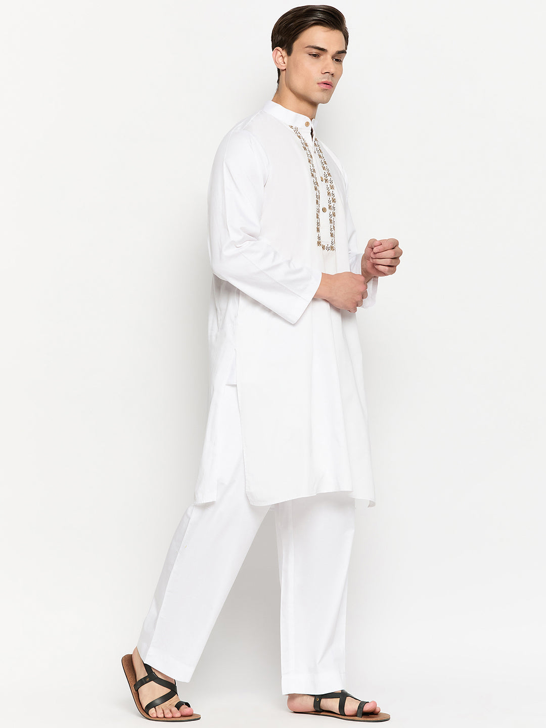 White Cotton Embroidery Details Men's Kurta Pajama Set