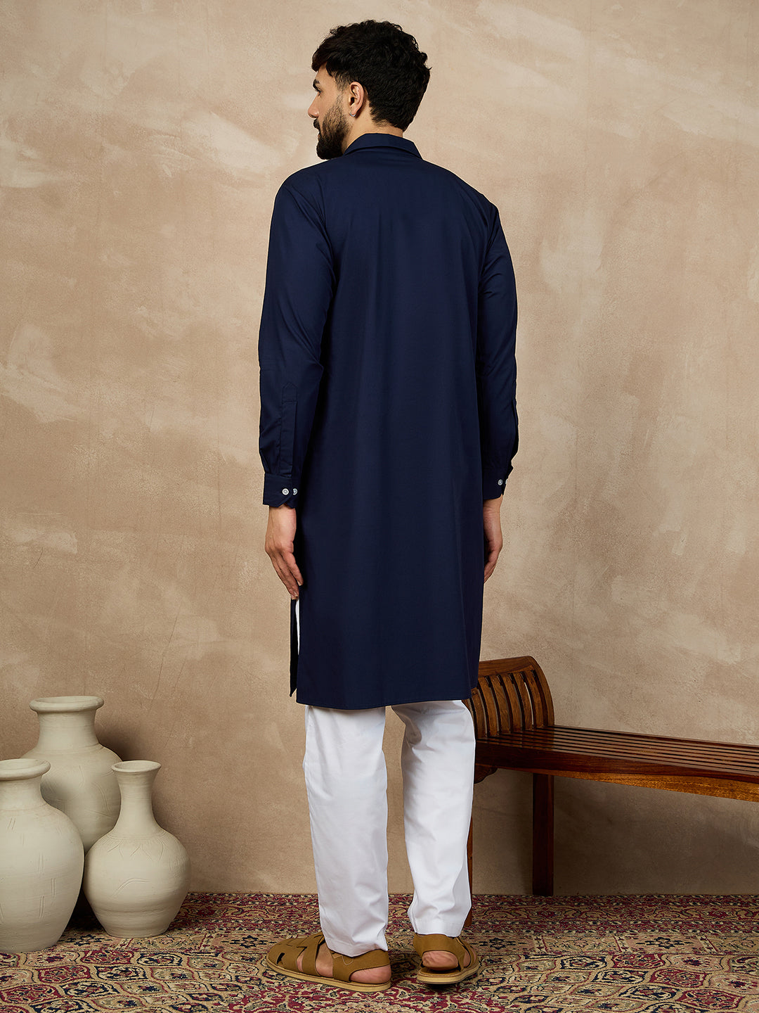 Nabia Blue Cotton Kurta and White Pajama Set for Men