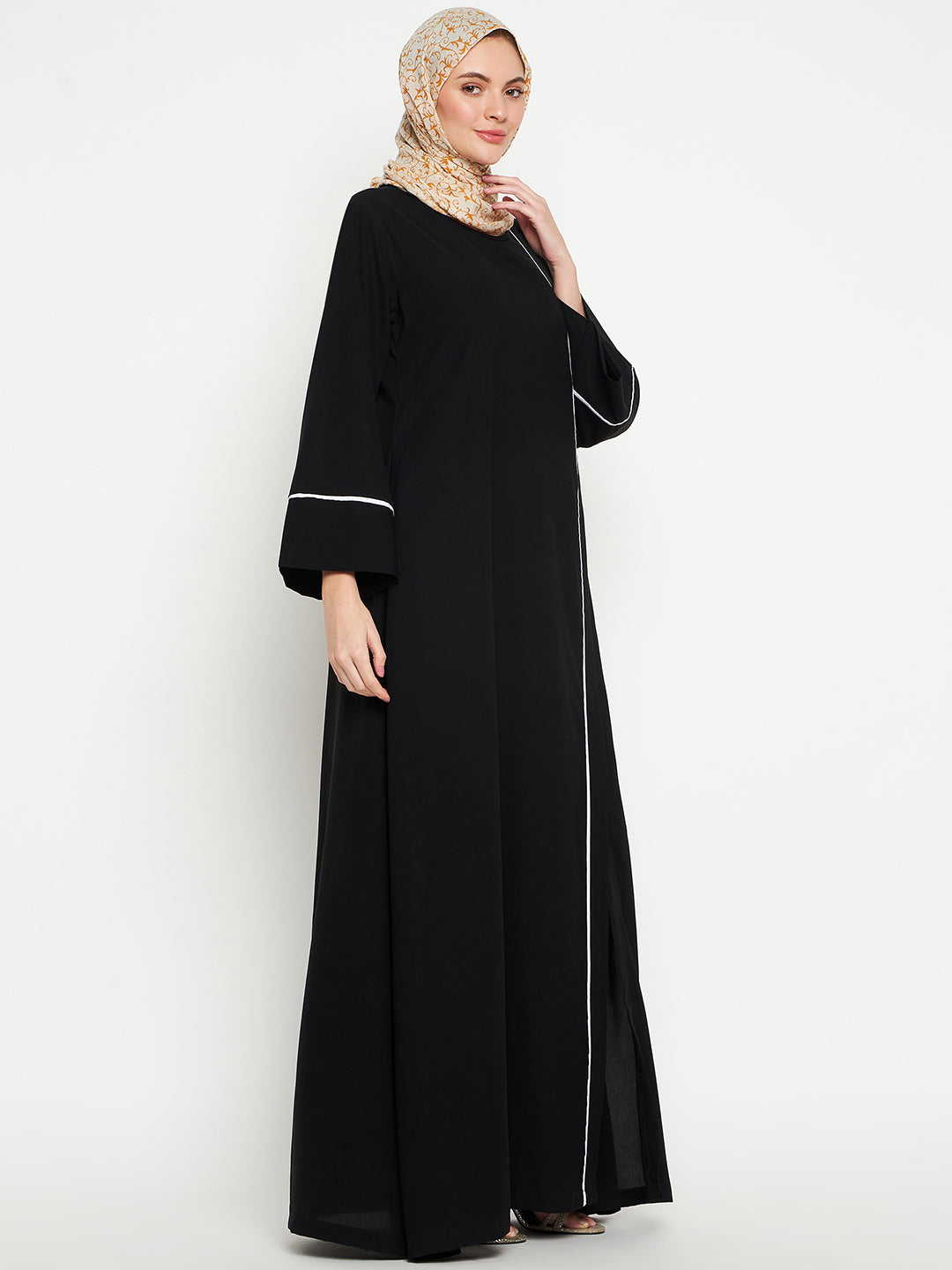 Nabia Women Black Side Open Aline Abaya Burqa for women Georgette Scarf