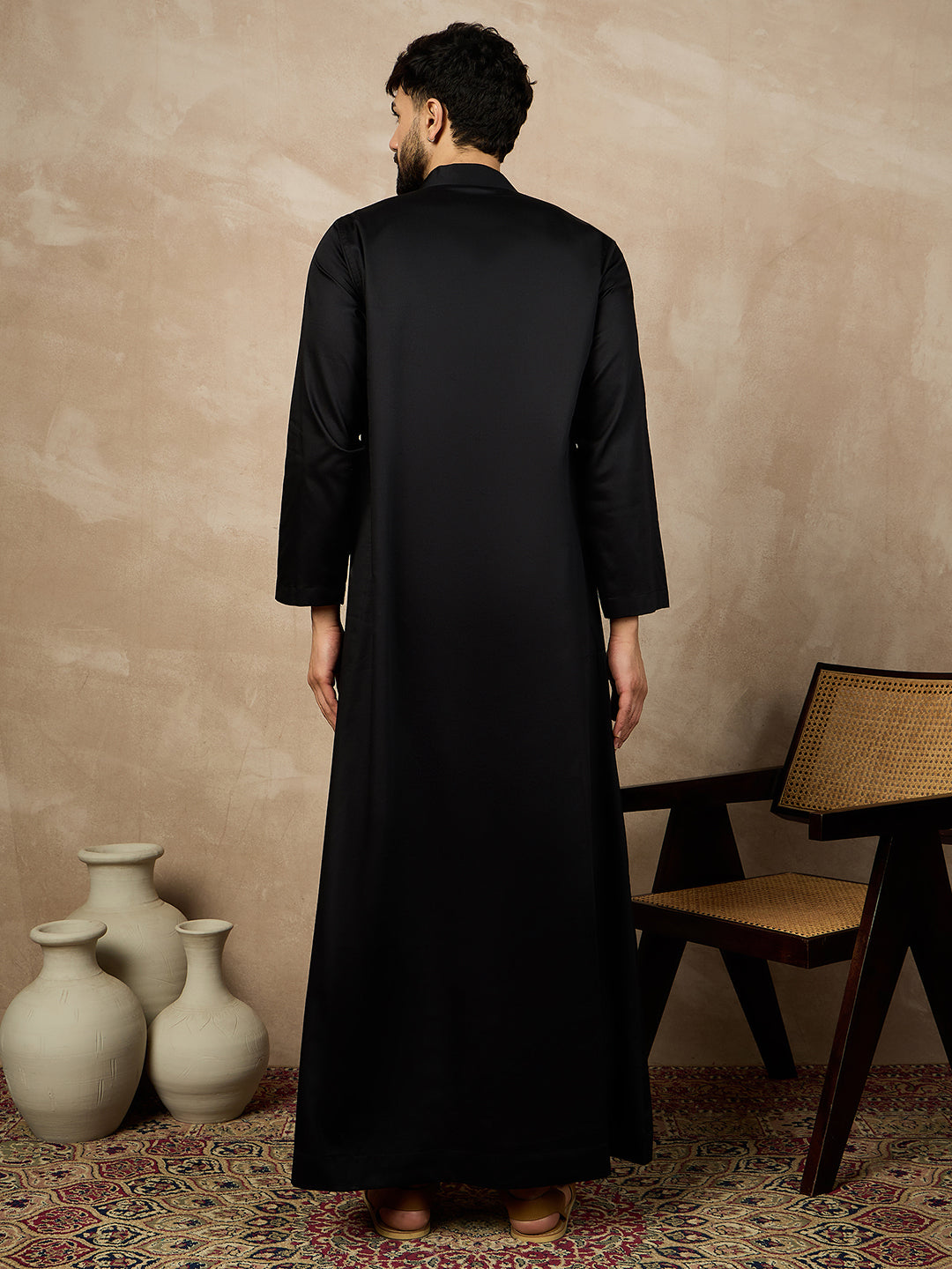 Nabia Black Mandarin Collar Cotton Jubba/Thobe