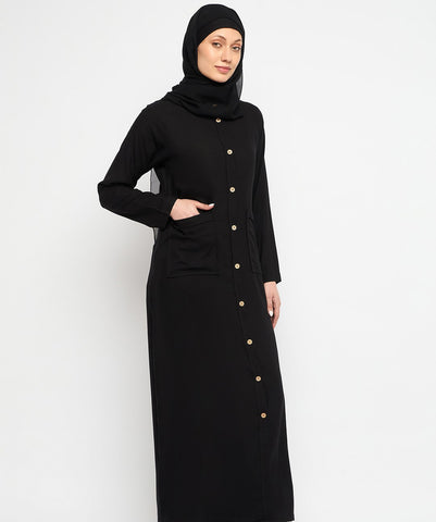 Nabia Women Black Rayon Front Open Abaya with Georgette Scarf