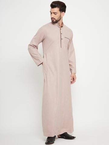 Nabia Beige Solid Mens Band Collar Thobe / Jubba with Brown Piping Design