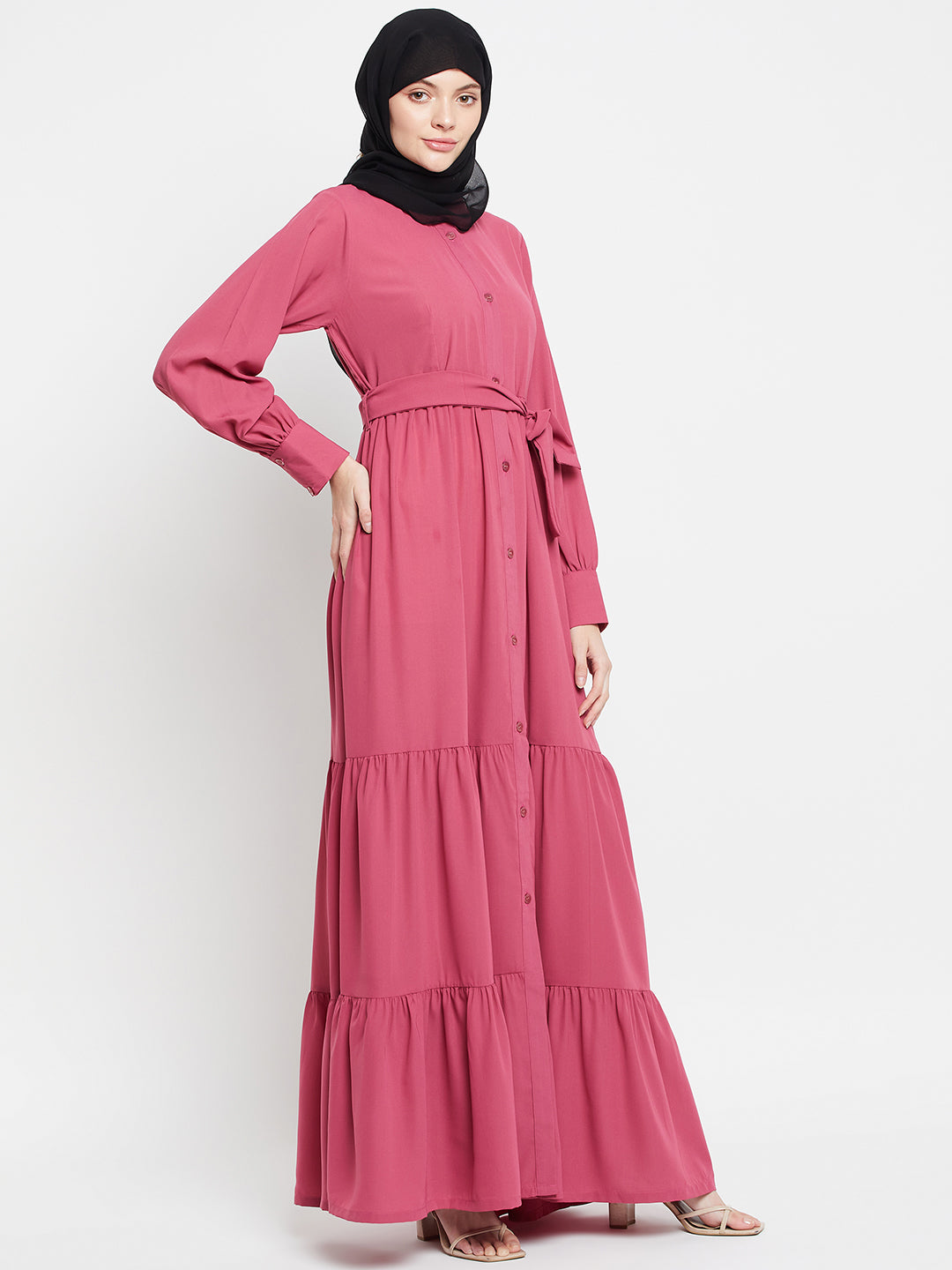 Pink Solid Front Open Frilled Abaya with Black Georgette Scarf