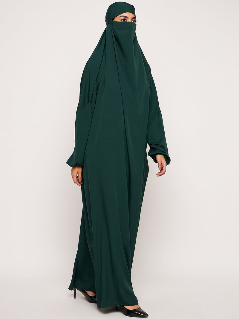 Nabia Bottle Green Solid Free Size Adjustable Nosepiece Jilbab Abaya for Girls and Women