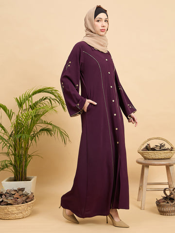 Modest Luxury Front Open Purple Abaya with Beige Hijab for Women