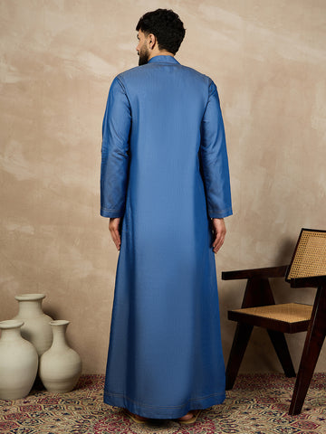 Nabia Blue Solid Zip Closure Denim Jubba / Thobe For Men