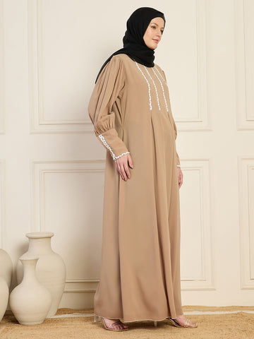 Nabia Beige Solid Luxury Handworked Abaya Burqa for Women with Black Georgette Hijab