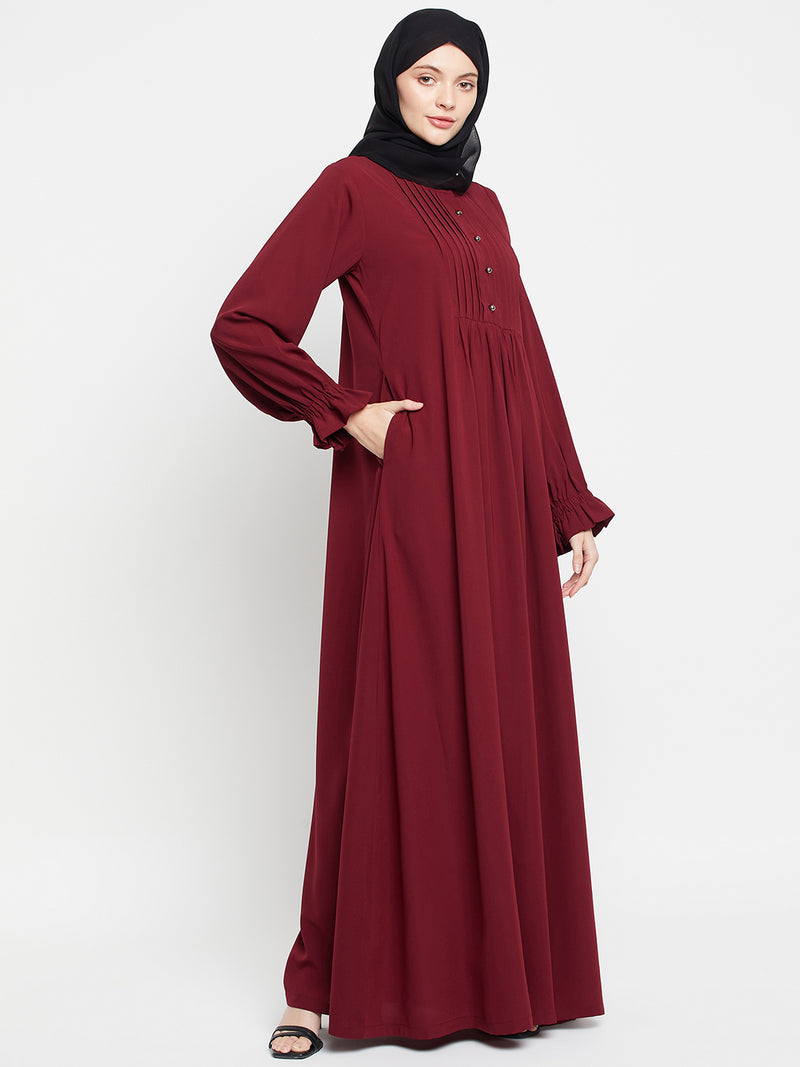 Nabia Women Maroon Solid A-line Abaya Burqa With Black Georgette Scarf