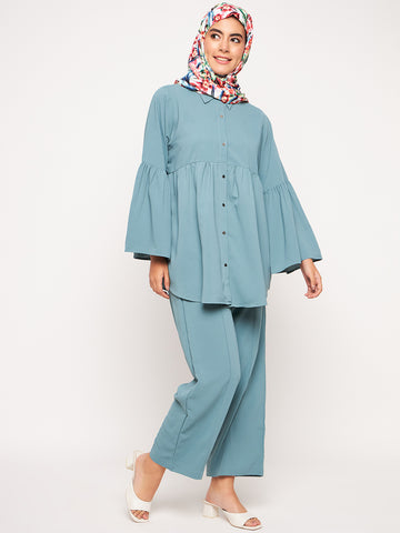 Nabia Sea Green Solid Umbrella Sleeves Co-ord Set for Women