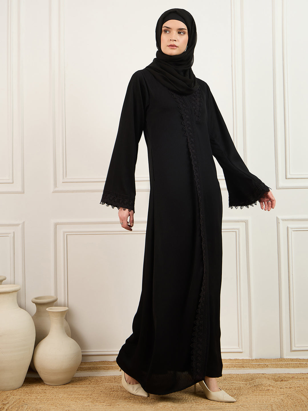 Black Lace abaya with Matching Georgette Hijab