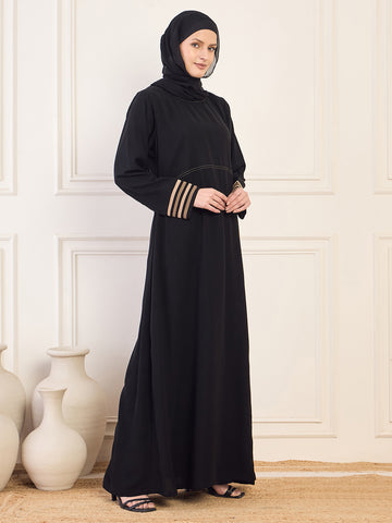 Nabia Black Solid Piping Detailing Aline Abaya Burqa For Women With Black Georgette Hijab