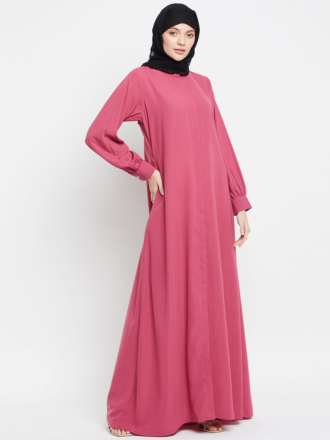 Nabia Pink Nida Mate Fabric Front Open  Abaya With Georgette Scarf