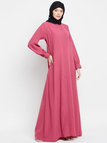 Nabia Pink Nida Mate Fabric Front Open  Abaya With Georgette Scarf