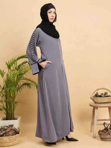 Modest Luxury Handworked Grey Abaya with Black Georgette Hijab