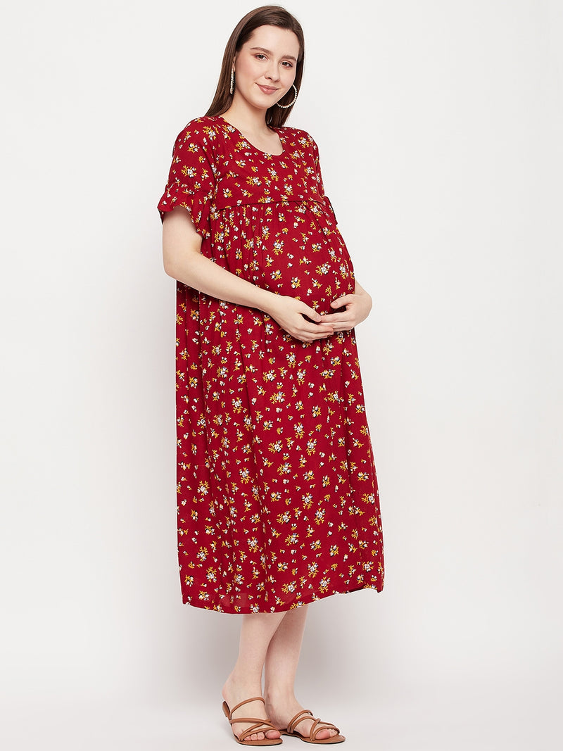 Nabia Women Maroon Floral Printed Pre and Post Pregnancy / Maternity Dress
