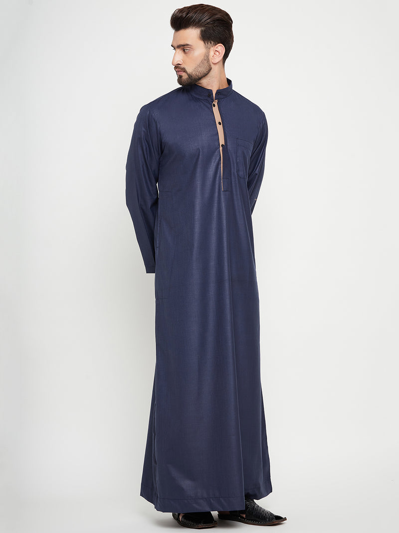 Nabia Blue Solid Mens Band Collar Thobe / Jubba with Beige Piping Design