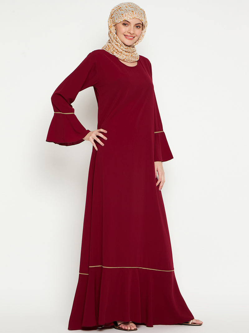 Nabia Women Maroon Solid Aline Abaya Burqa with one Georgette Scarf