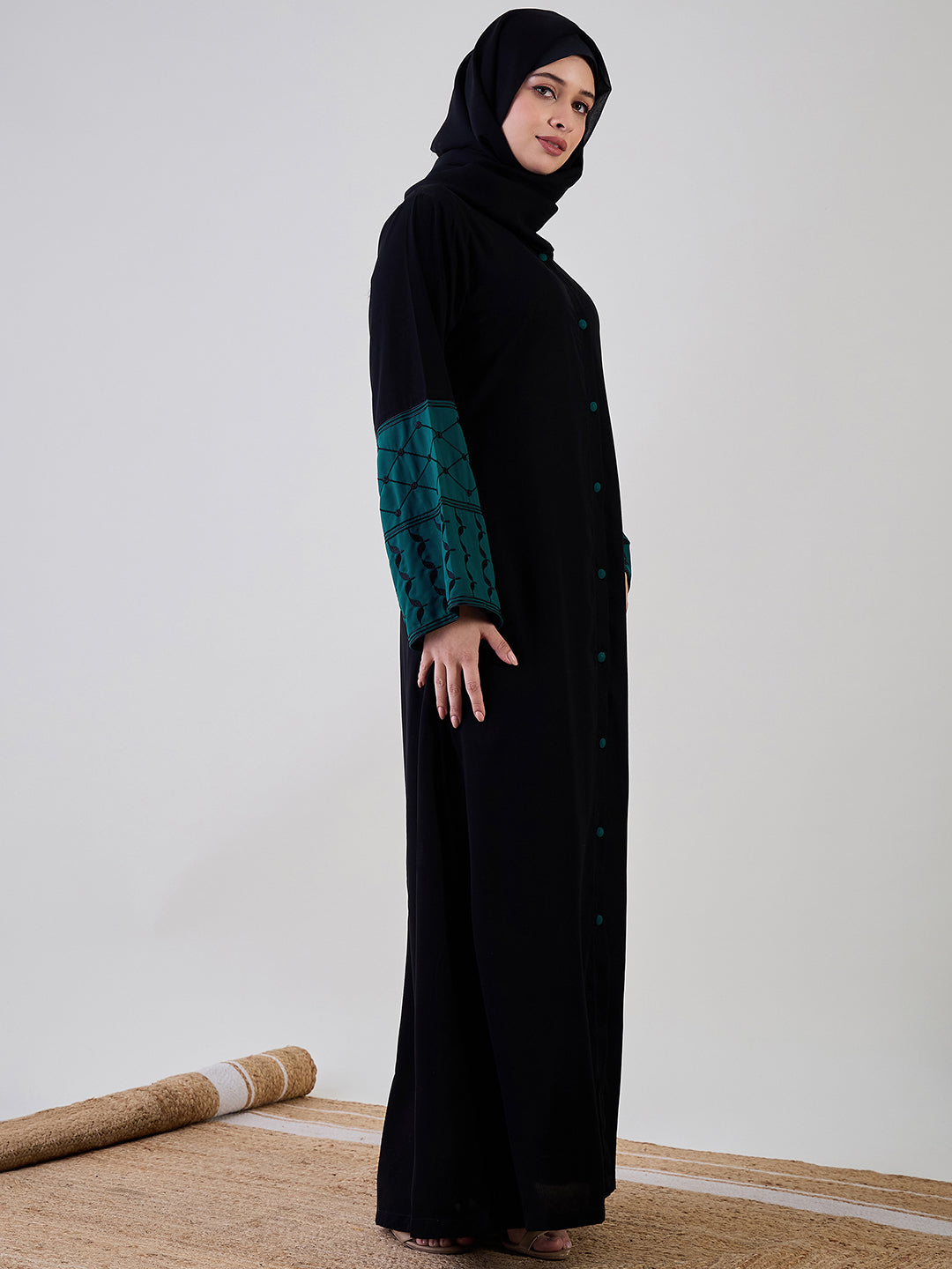Nabia Kefiyyeh Embroidery Black Front Open Abaya with Black Georgette Hijab