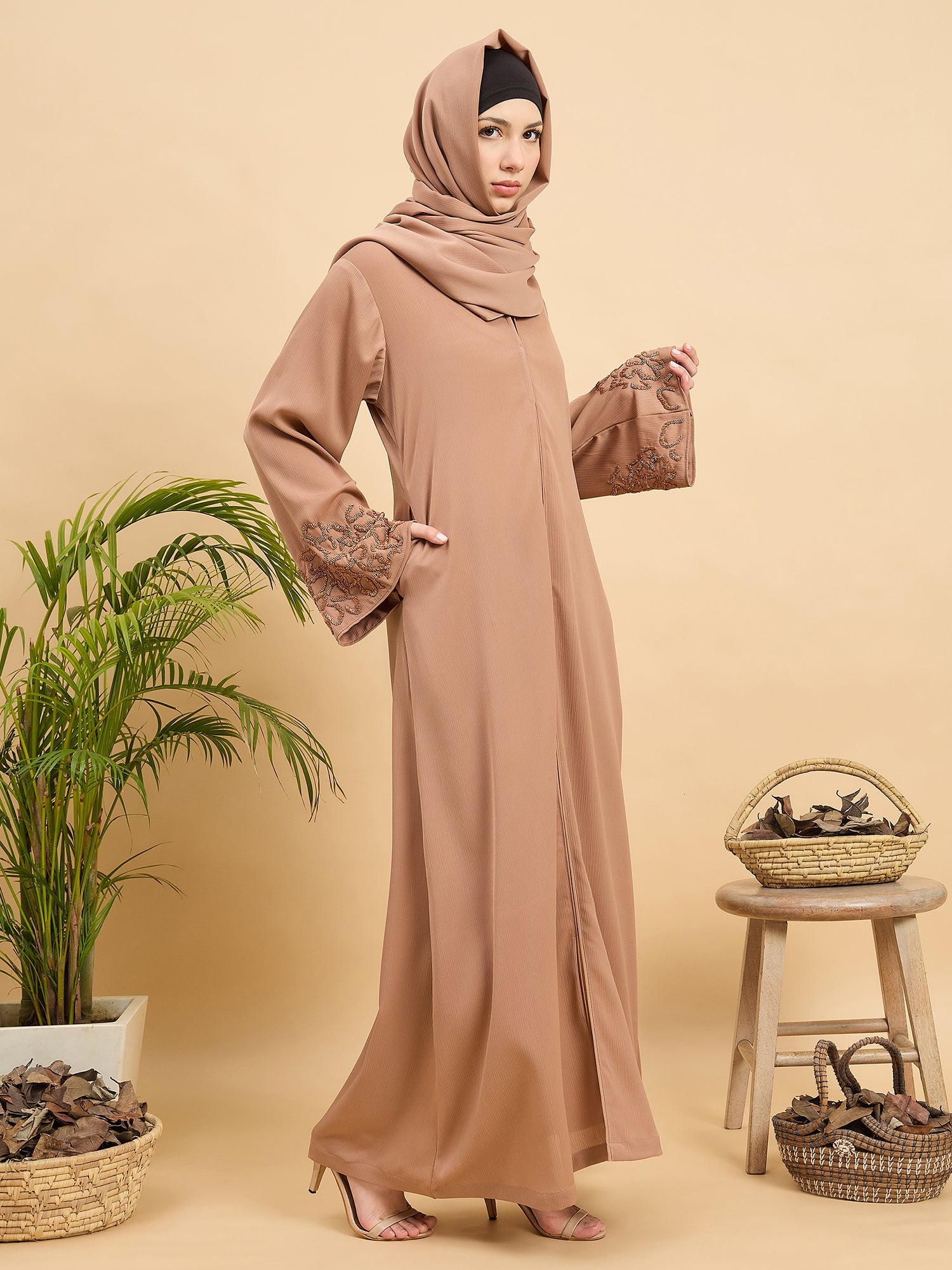 Modest Handworked Luxury Beige Abaya Burqa with Matching Hijab