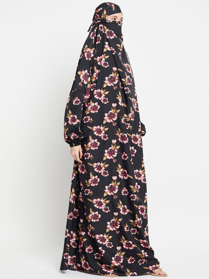 Nabia Black Floral Printed Free Size Adjustable Nosepiece Jilbab Abaya for Girls and Women