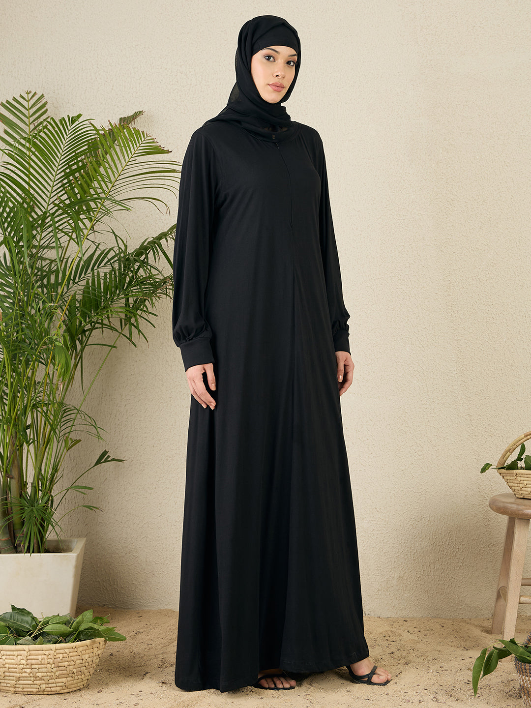 Nabia Black Zip Abaya for women with black scarf