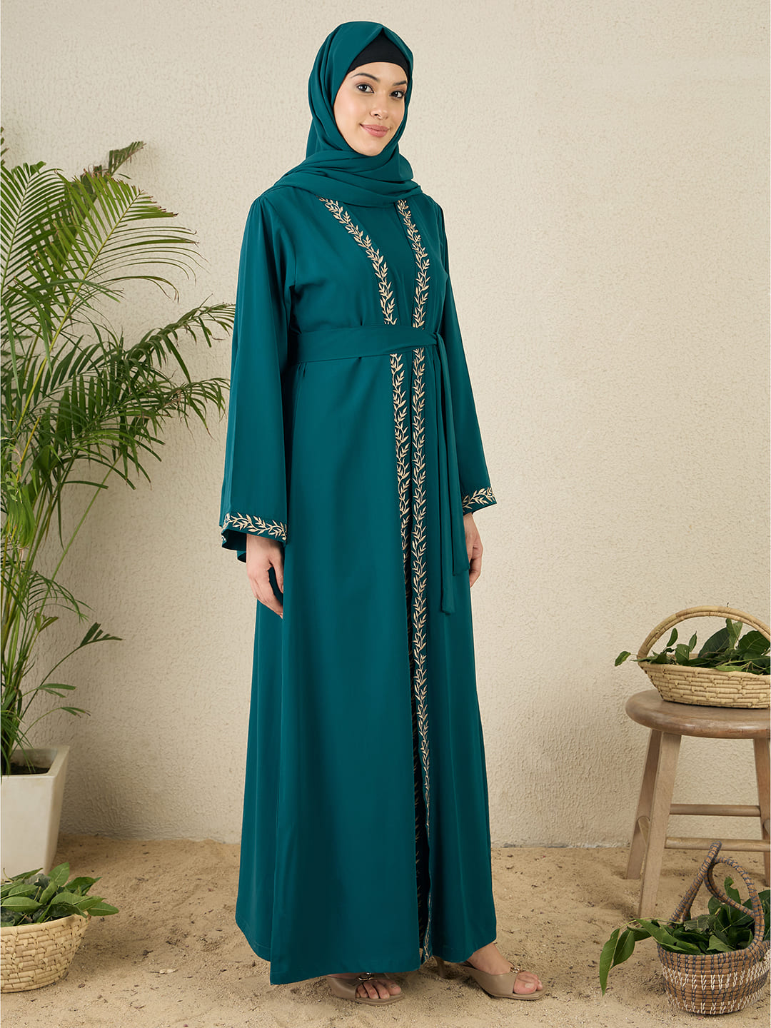 2 Piece Embroidered Green Shrug Set Abaya with Matching Hijab