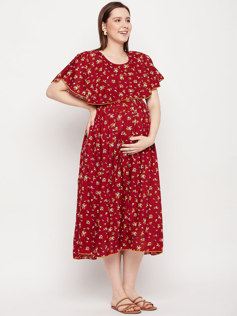 Nabia Women Maroon Floral Printed Pre and Post Pregnancy / Maternity Dress