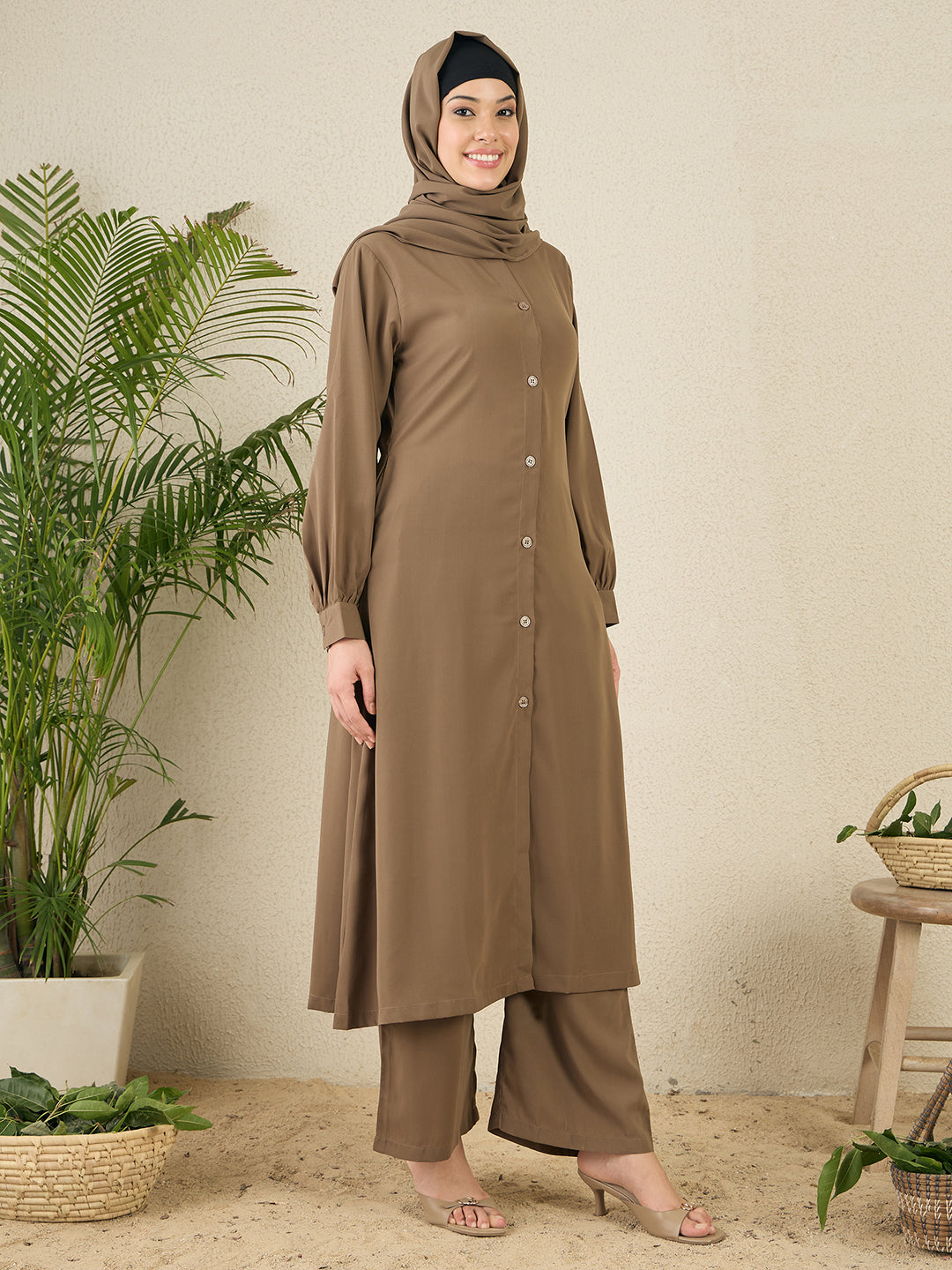 Nabia Oat (Khaki) Solid Co-ord Set for Women
