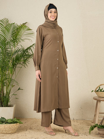 Nabia Oat (Khaki) Solid Co-ord Set for Women