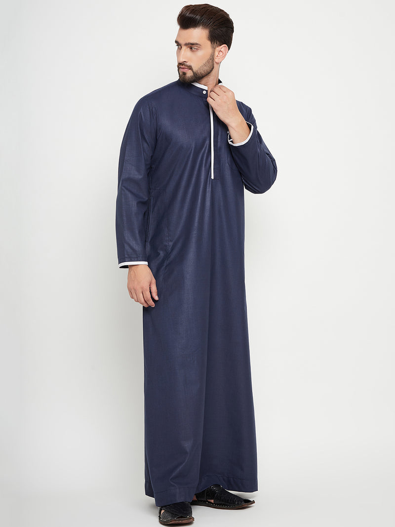 Nabia Blue Solid Mens Straight Sleeves Thobe / Jubba with White Piping Design