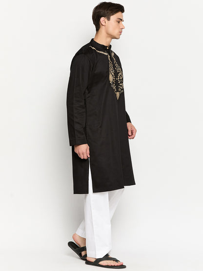 Embroidery Black Kurta and White Pajama Set