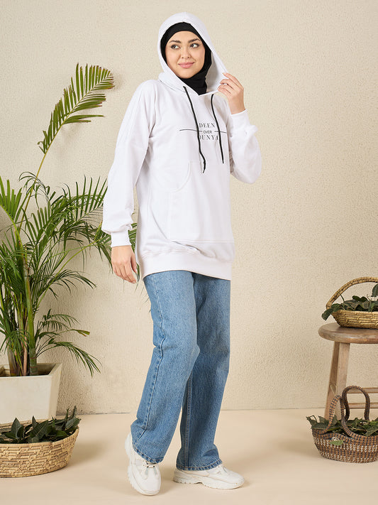 Women's Modest White Fleece Deen Over Dunya Winter Hoodie