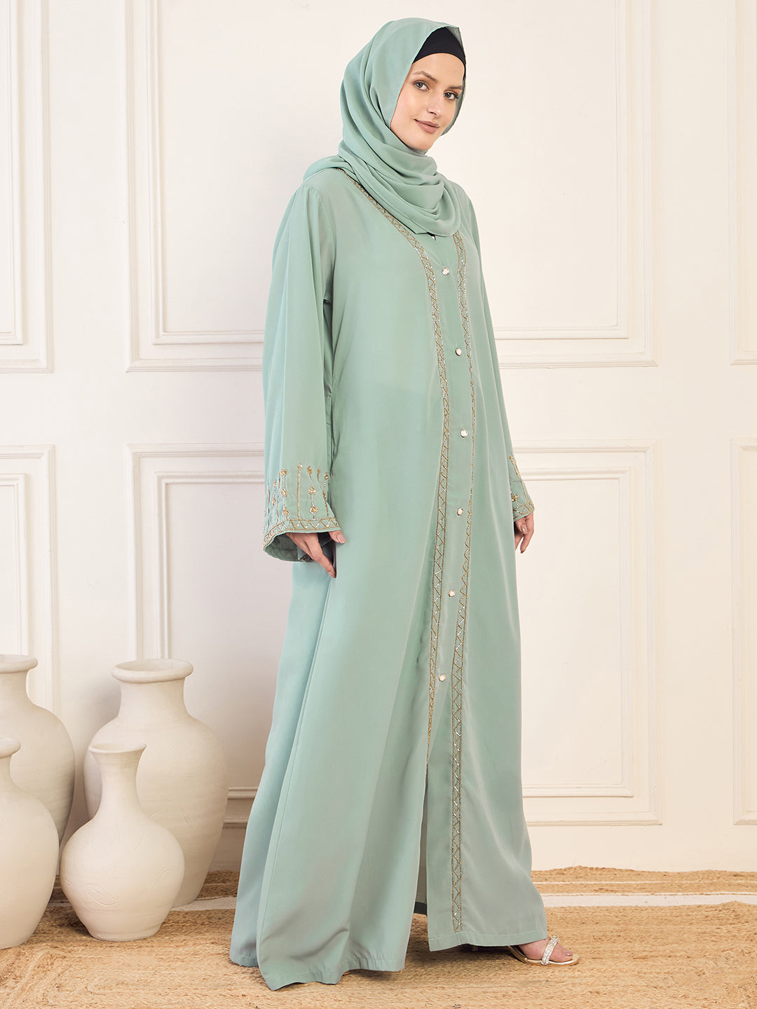 Nabia Handwork Luxury Front Open Abaya with Matching Hijab