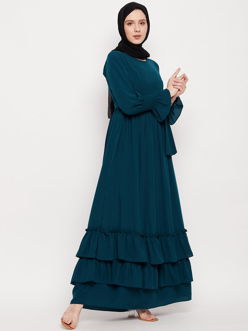 Nabia Women Bottle Green Frill Nida Matte Fabric Abaya Burqa With Black Georgette Scarf