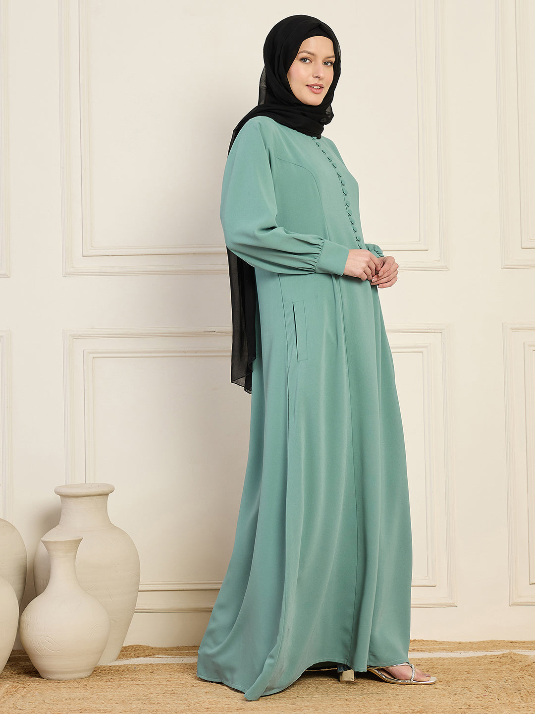 Nabia Sea Green Aline Abaya Burqa With Black Georgette Hijab