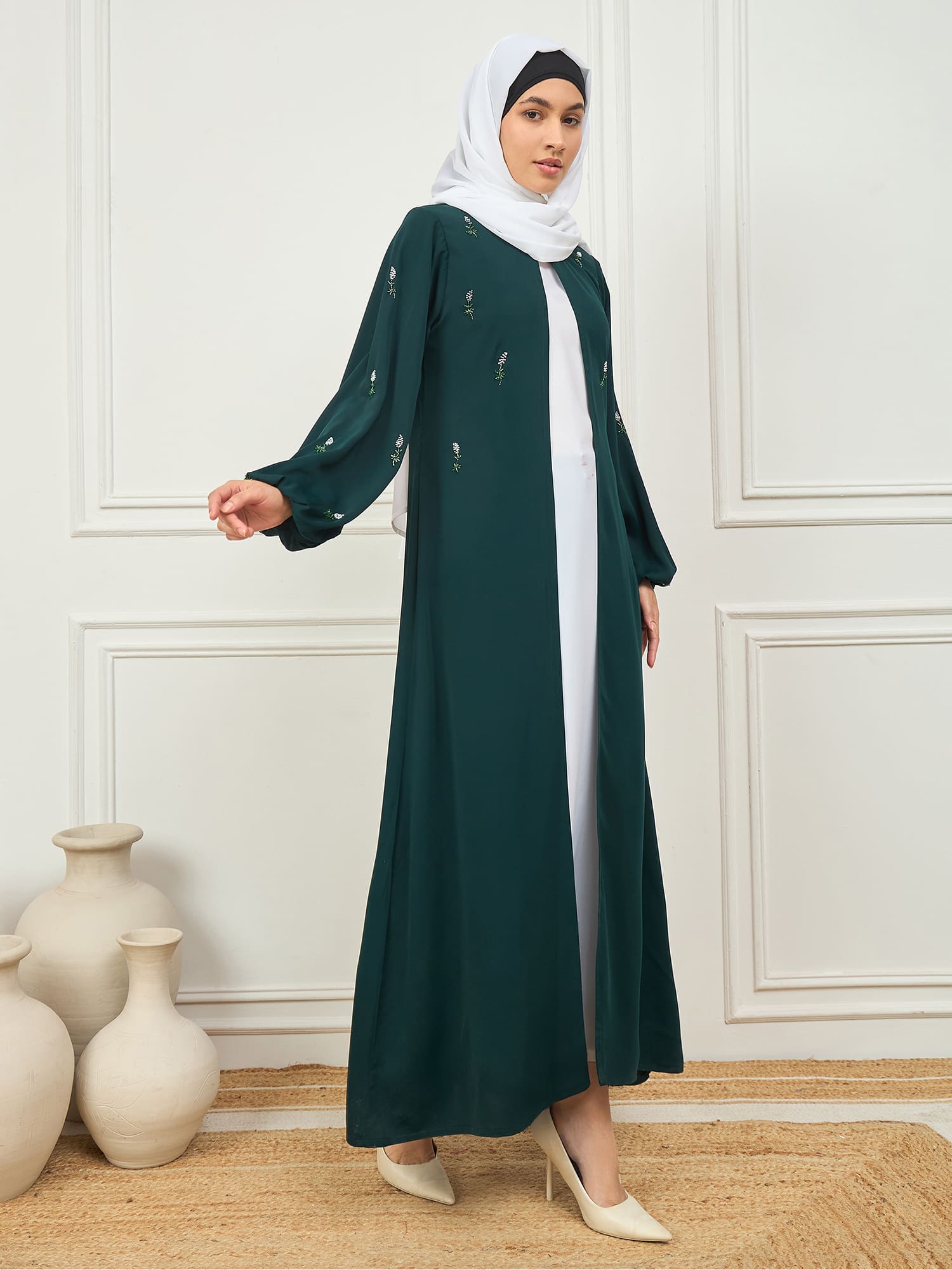 2 Piece Solid Luxury Abaya with White Georgette Hijab