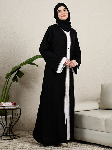 Black Front Open Embroidered Abaya for women with hijab
